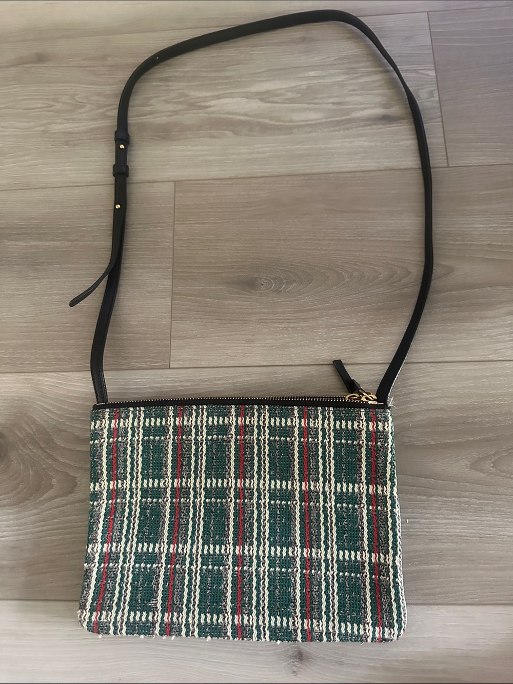 Celine Trio - Authentic Woven Green Plaid Crossbody Bag with Black Strap